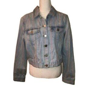 For The Republic Jean Jacket Large L Womens Red Pin Stripe Blue Denim Button Up